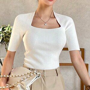 White Casual Women's Tight-Fitting Deformed Square Neck Knitted Top
